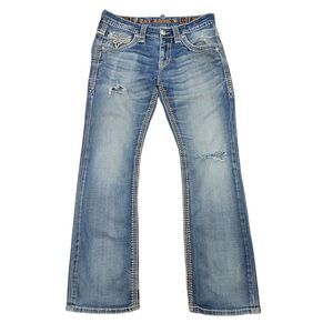 Rock Revival Ayden Slim Boot Distressed Blue Denim Jeans Size 33 (READ)